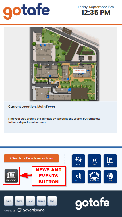DISPLAY NEWS AND EVENTS ON YOUR DIGITAL WAYFINDING SOLUTION news and events button homepage