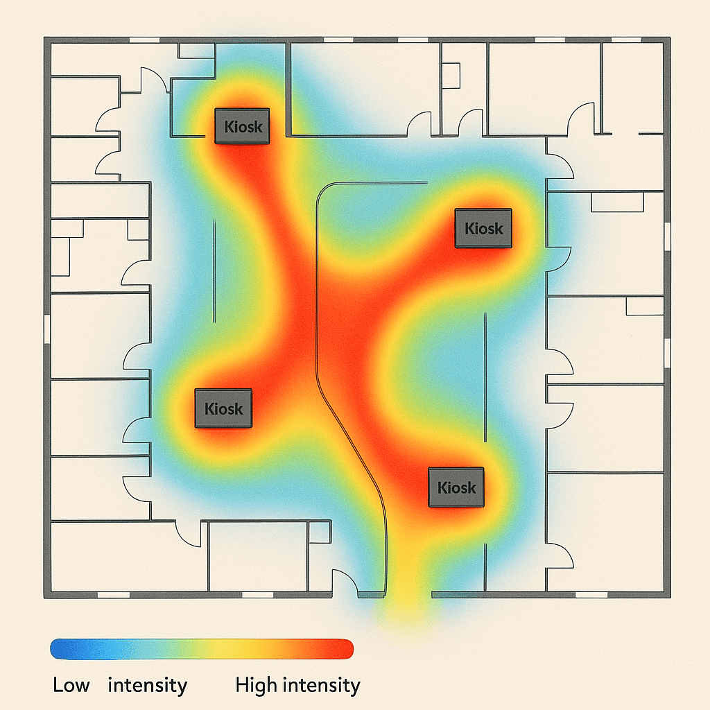 An analytics heatmap overlay on a floor plan showing heavy kiosk usage zones and common route paths highlighted in warm colours.
