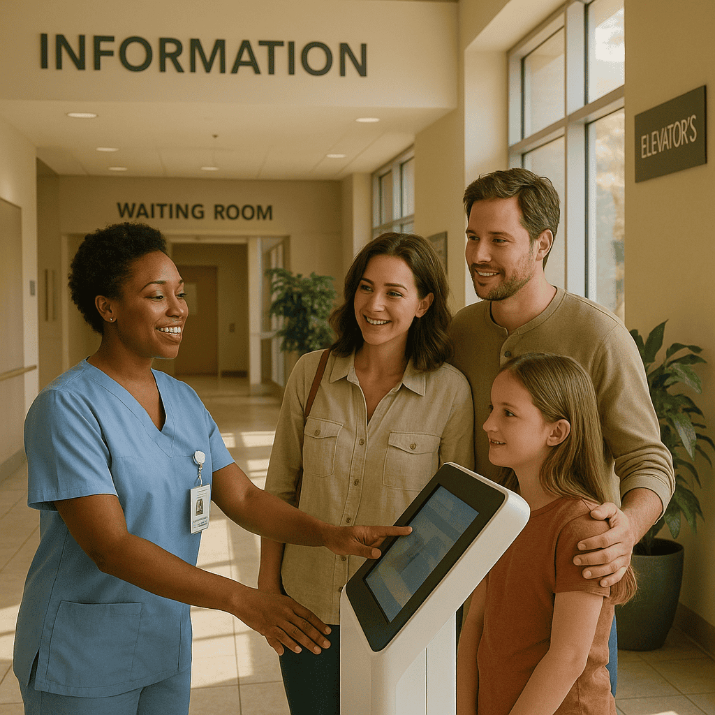 A welcoming, human-centric scene of a nurse guiding a family near a digital kiosk, sunlight filtering into a calm, well-signed lobby.