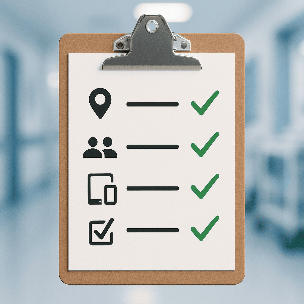 A neat, ticked checklist on a clipboard over a blurred hospital background, with icons for maps, people, and devices.