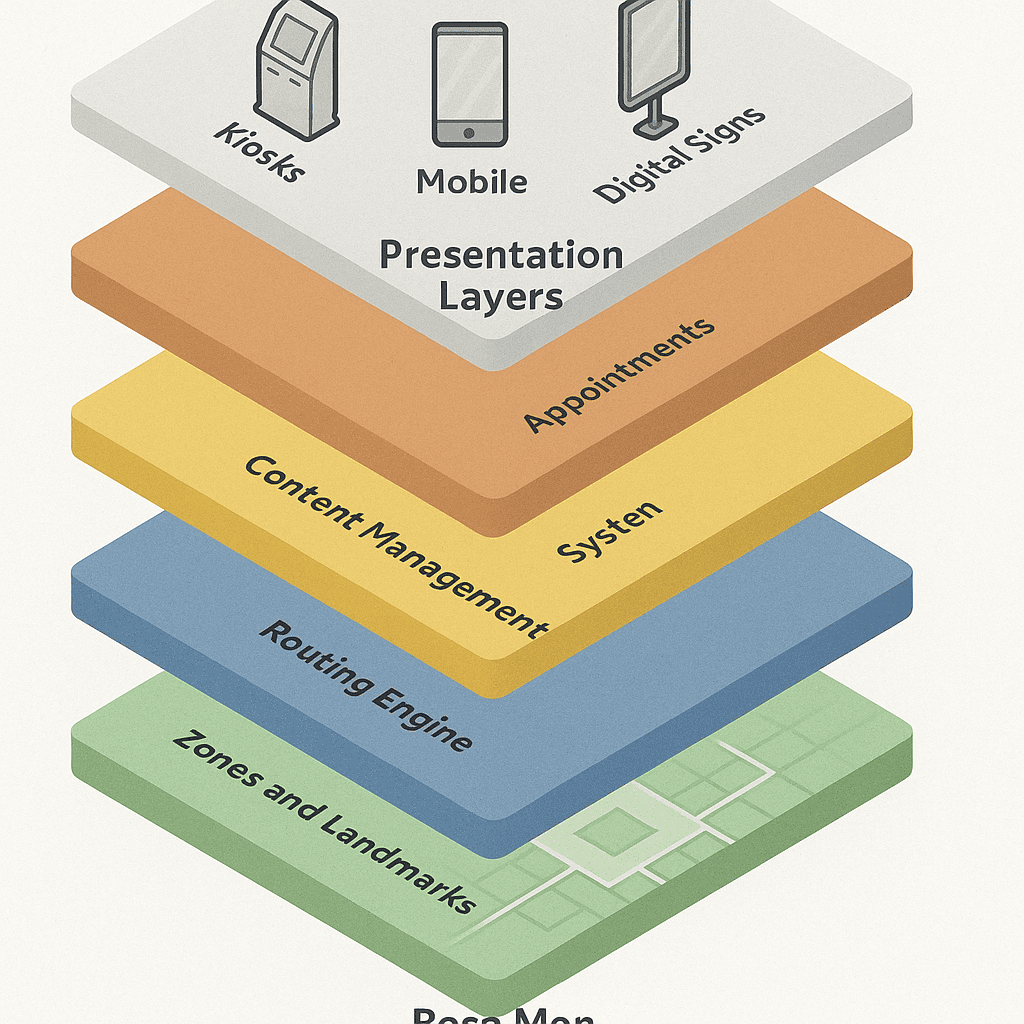 A layered diagram showing the stack of digital wayfinding: base map, zones and landmarks, routing engine, content management system, integrations (appointments, parking), and presentation layers (kiosks, mobile, digital signs).