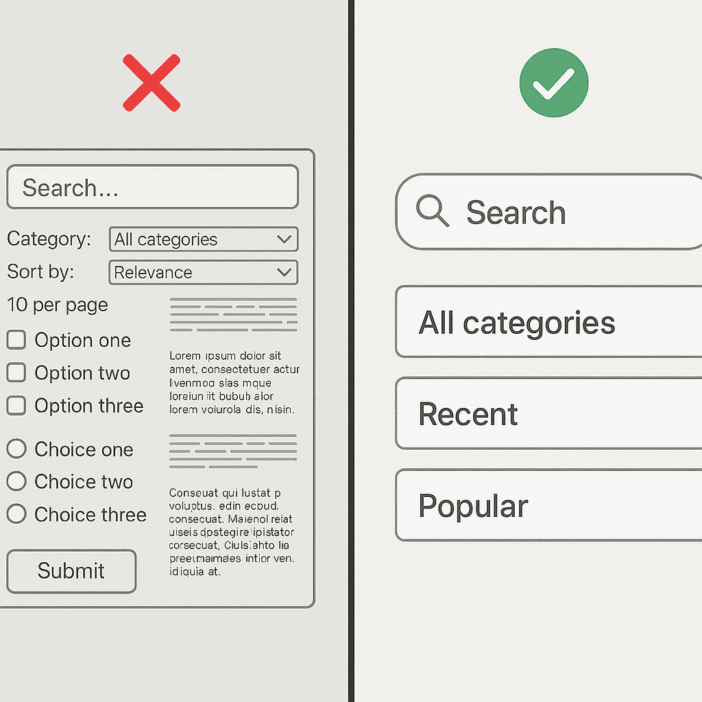 A do-and-don’t split image: on the left, a cluttered interface with tiny text; on the right, a clean, accessible search screen with simple choices.