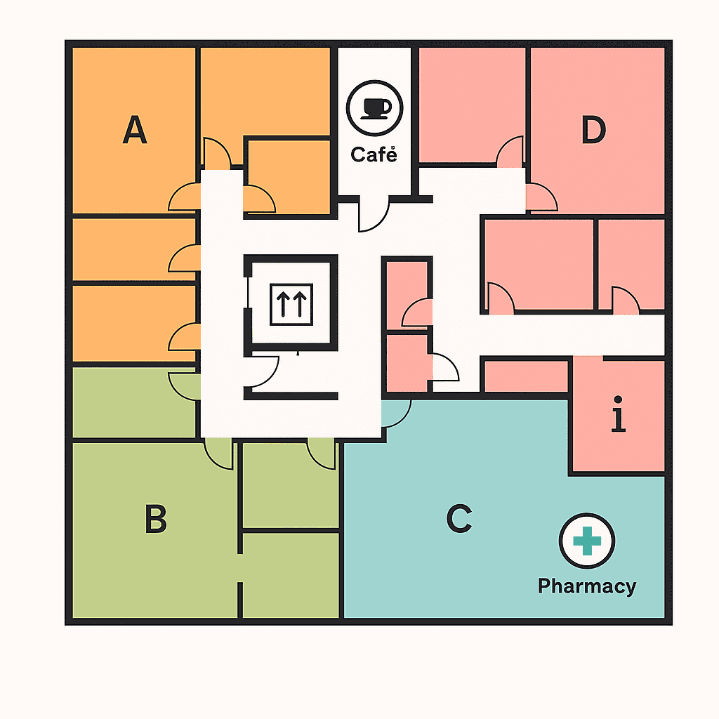 A vector floor plan of a multi-storey medical centre showing colour-coded zones (A–D), clear lift cores, stairwells, and landmark icons (café, information, pharmacy).