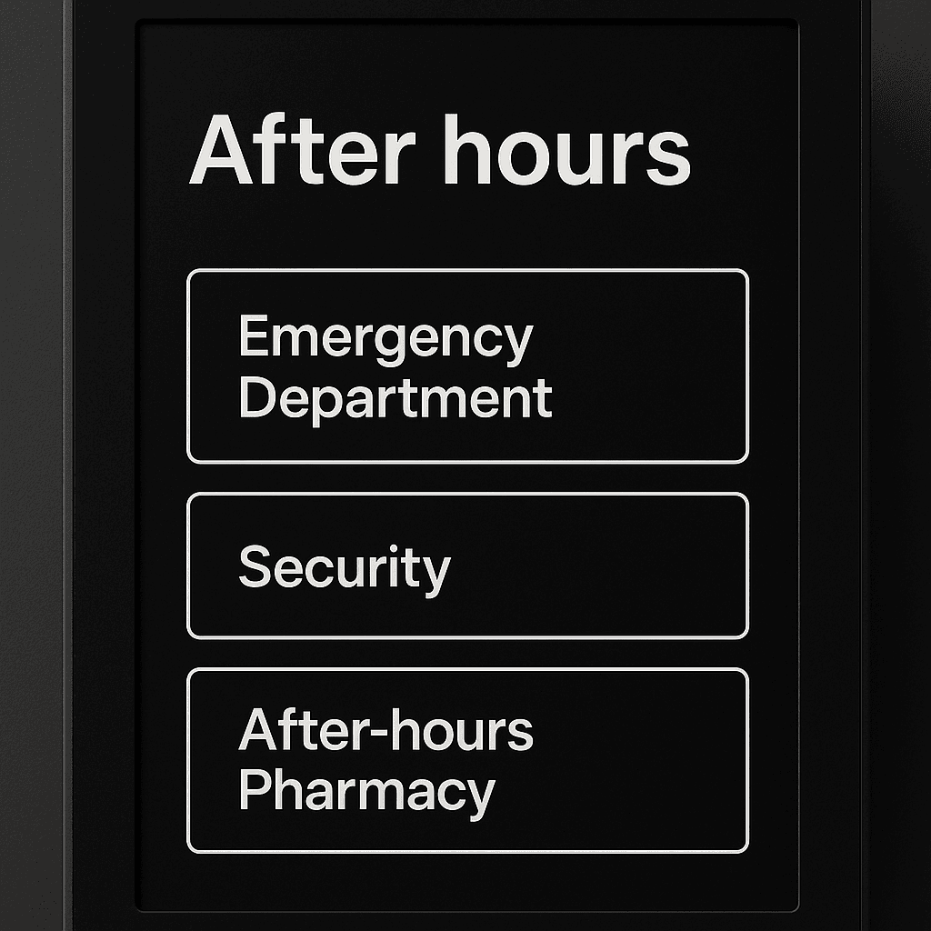 A kiosk screen showing a calm, high-contrast “After hours” interface with three large buttons: “Emergency Department”, “Security”, “After-hours Pharmacy”.