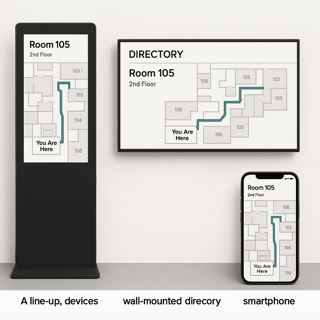 A line-up of devices: a tall kiosk, a wall-mounted directory screen, and a smartphone showing the same consistent map and route style.