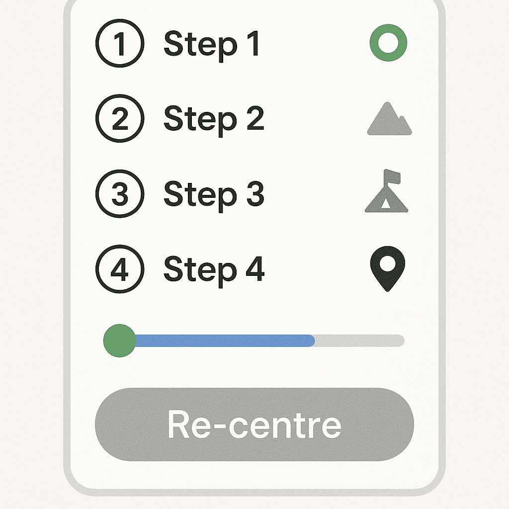 A step-by-step navigation panel with numbered steps, landmark icons, a progress bar, and a large “Re-centre” button.