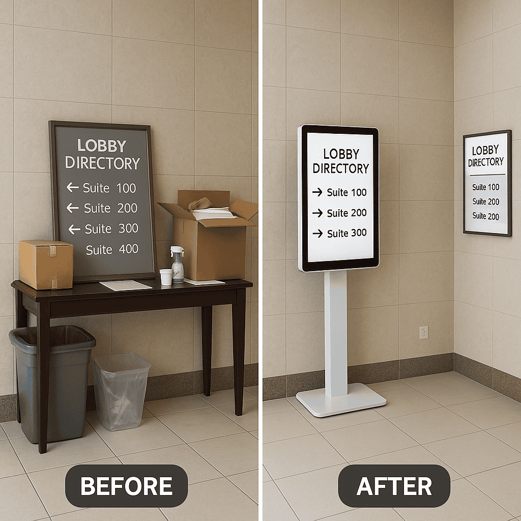 A before-and-after pair: a cluttered lobby corner replaced with a clean, well-positioned kiosk and a simplified digital directory sign.