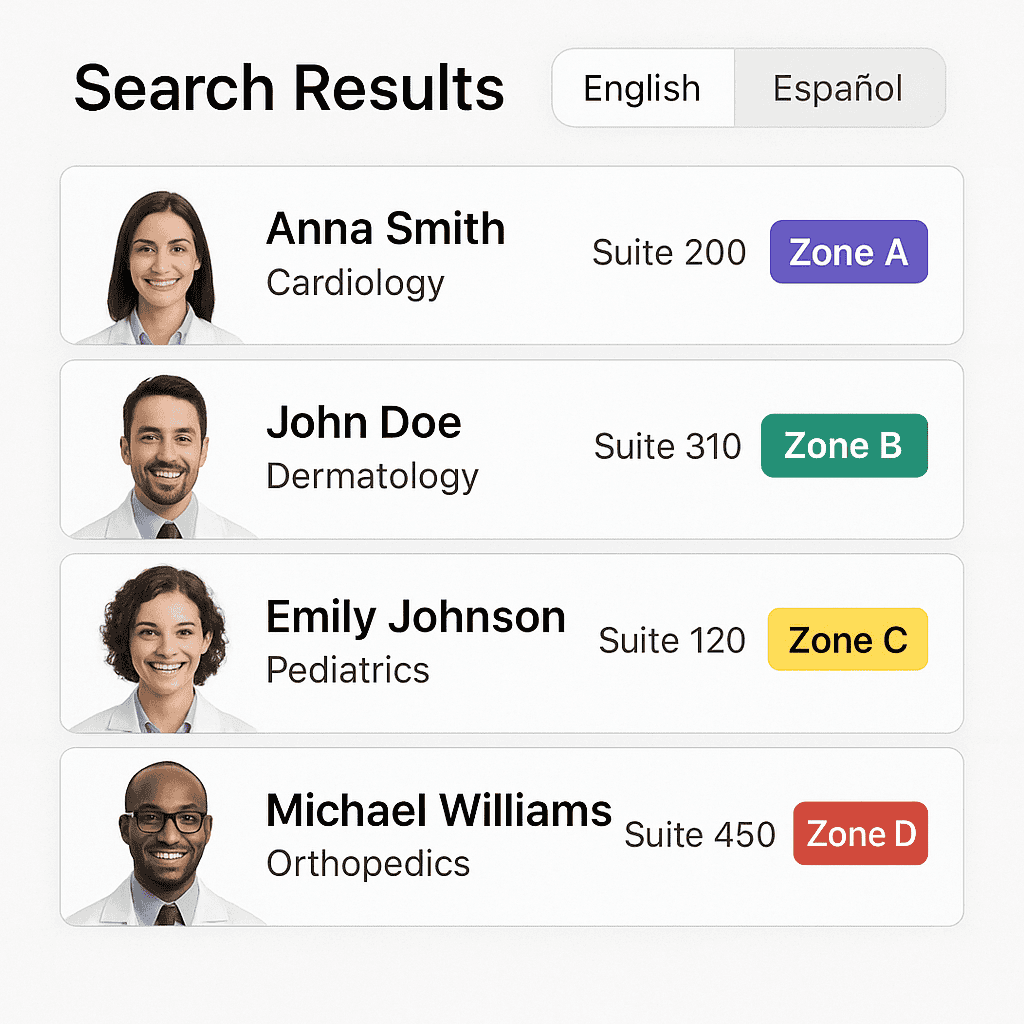 A search results list with entries showing clinician photos, names, specialties, suite numbers, and zone colours, with a language toggle at the top.