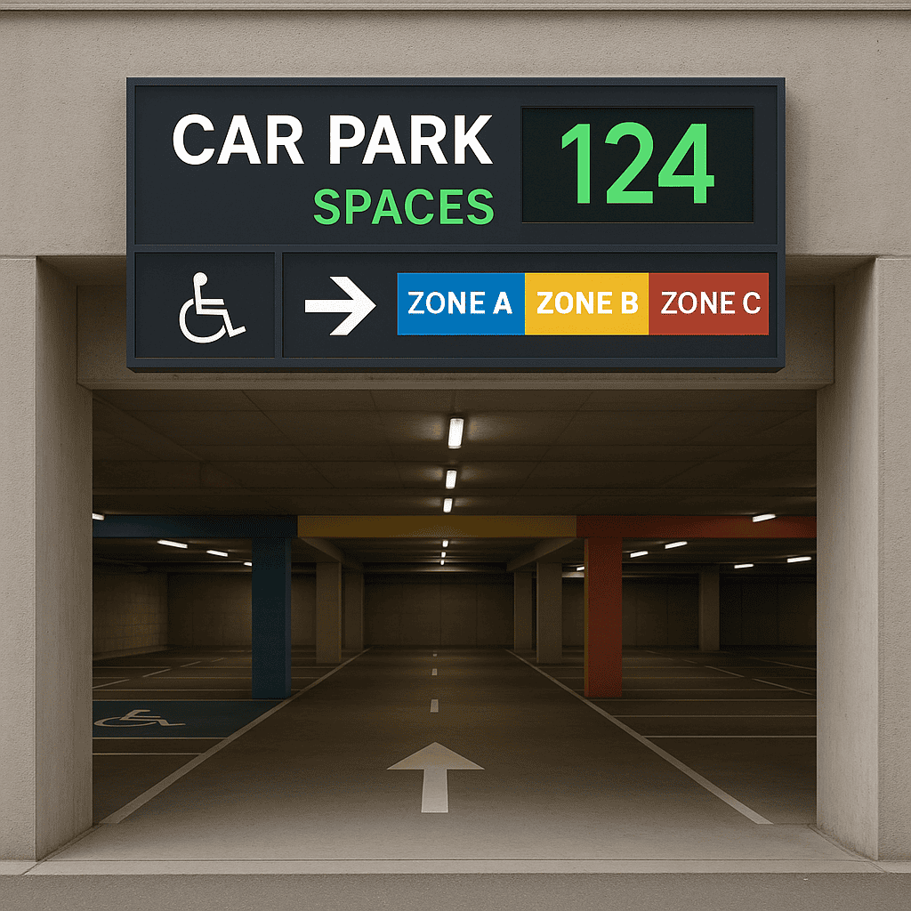 A car park entrance with a digital sign showing live occupancy, arrows to accessible bays, and colour-coded zones matching the interior wayfinding system.