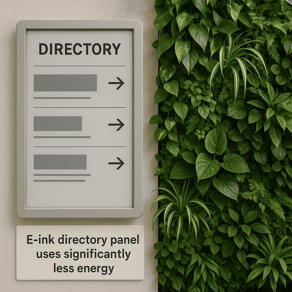 A sustainability-themed photo showing an e-ink directory panel next to a live plant wall, with a caption about reduced energy use.