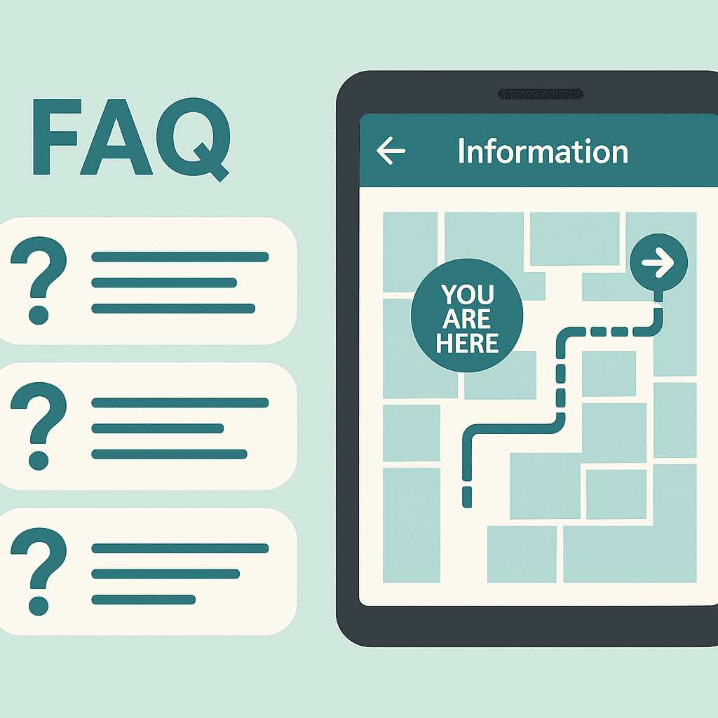 A simple FAQ graphic with question mark icons and a healthcare colour palette, alongside a tablet showing a wayfinding interface.