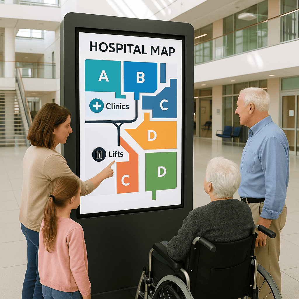 A bright, contemporary hospital atrium with a large, portrait-oriented touchscreen kiosk displaying a clean, high-contrast interactive map. Visitors of different ages and abilities use the kiosk; clear zone colours and icons guide routes to clinics and lifts.