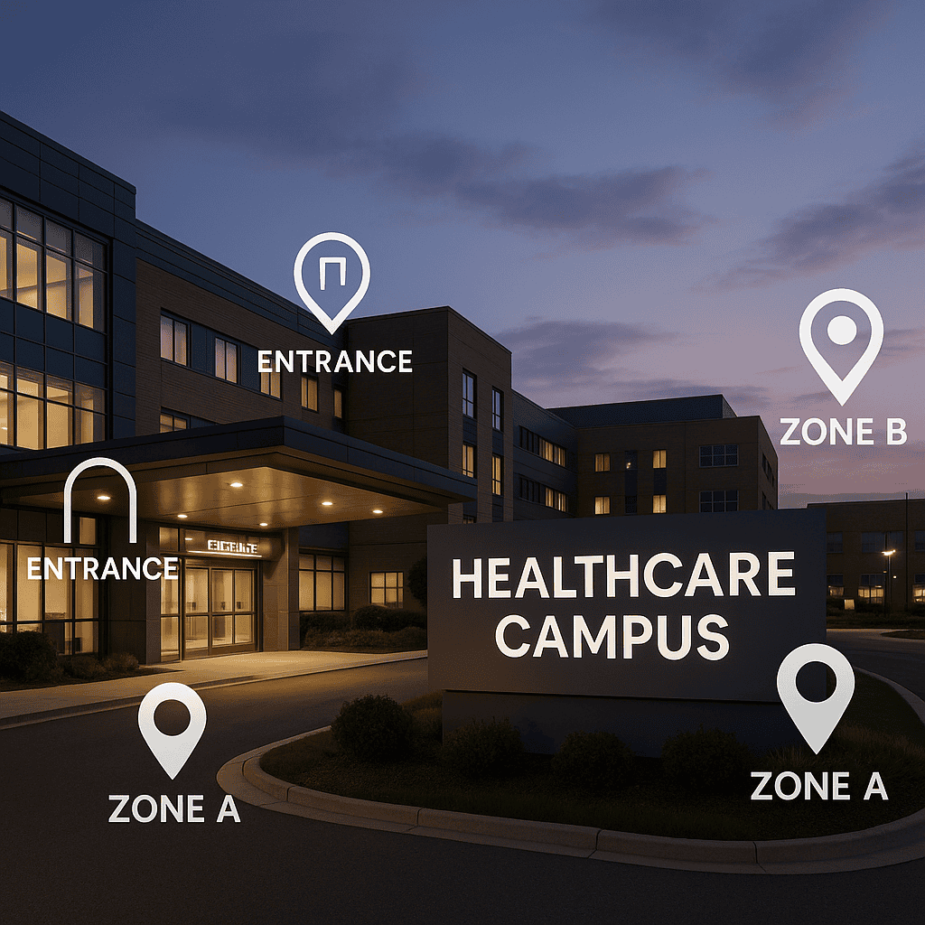 A final, wide-angle shot of a modern healthcare campus exterior at dusk, with soft lighting, clear entrance signage, and a subtle overlay of wayfinding icons indicating entrances and zones.