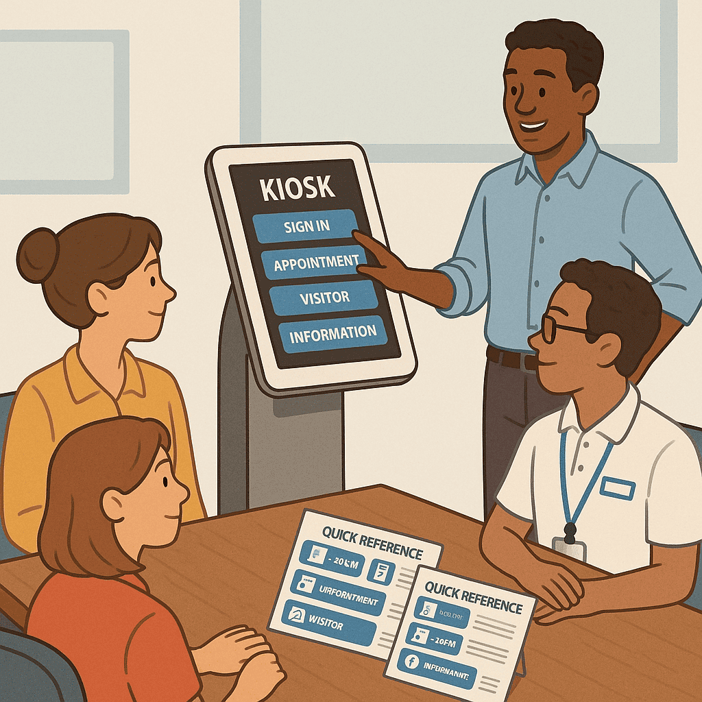A training session scene with a facilitator showing a kiosk interface to reception staff and volunteers, with printed quick-reference cards on the desk.