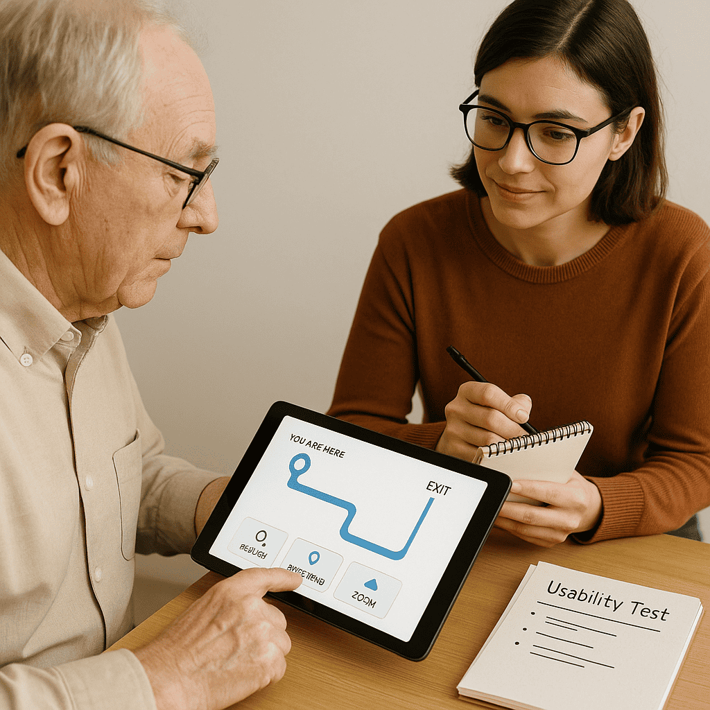 A usability test scene with an older adult using a tablet prototype of the wayfinding UI, observed by a designer taking notes.