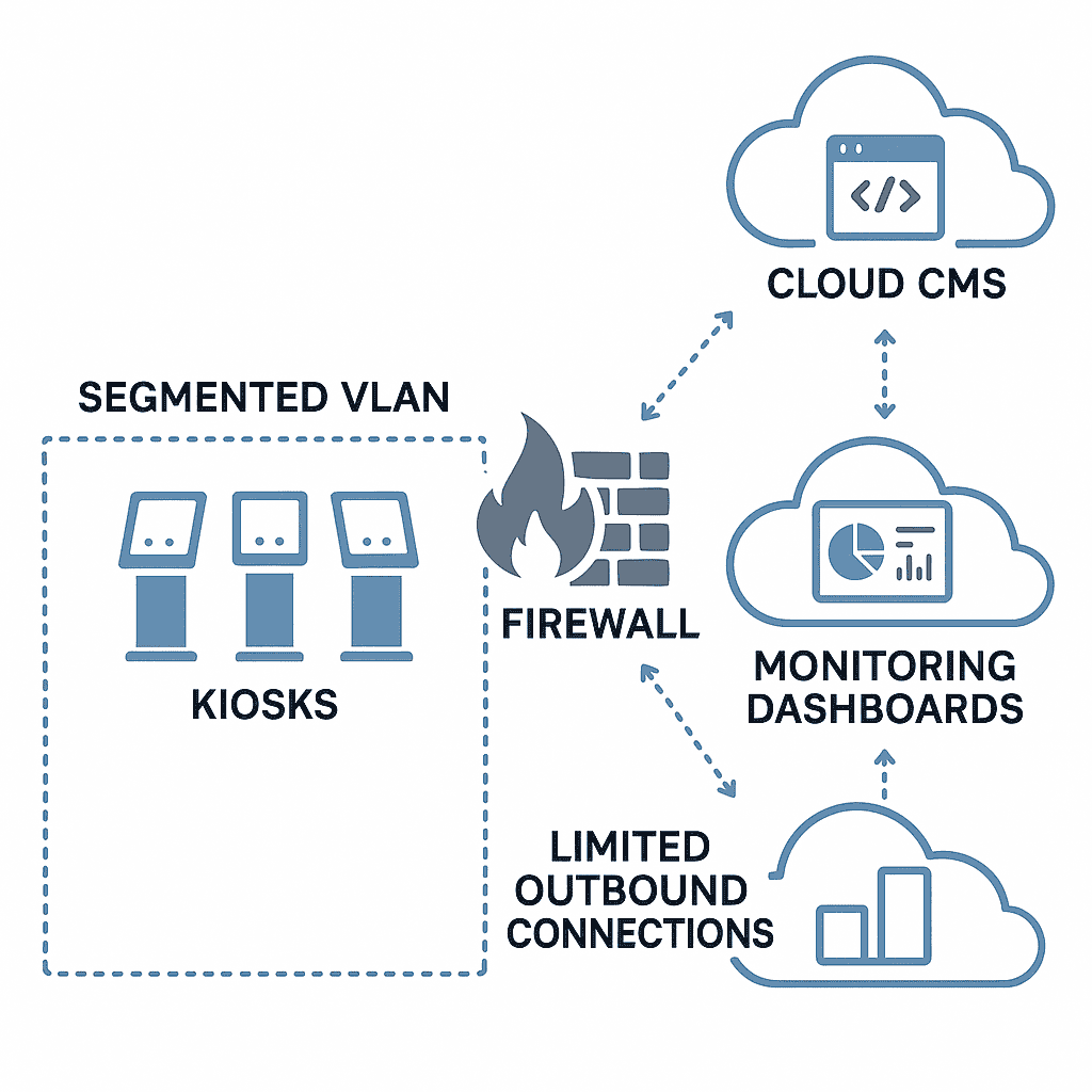 A security architecture diagram illustrating kiosks on a segmented VLAN, a firewall allowing limited outbound connections, a cloud CMS, and monitoring dashboards.