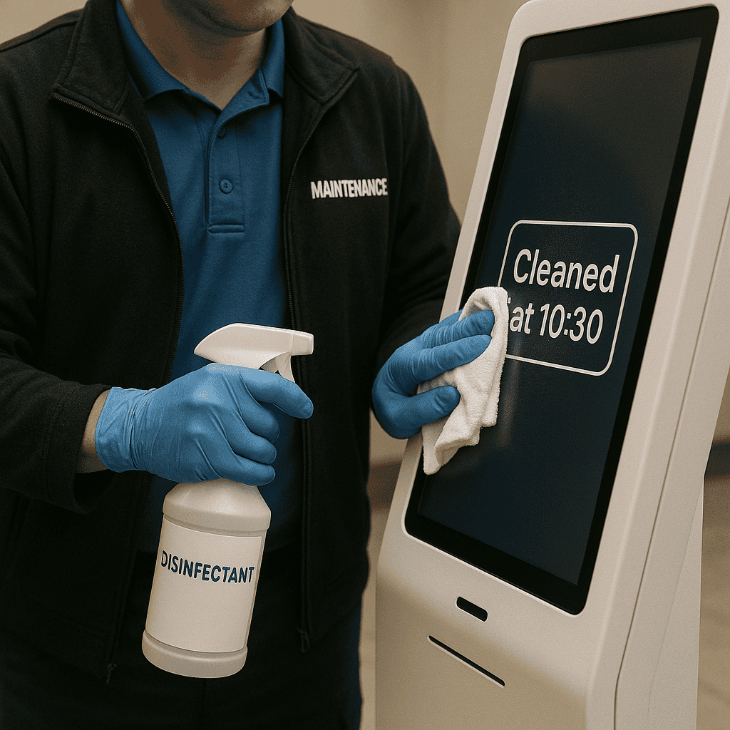 A maintenance staff member cleaning a kiosk screen with approved disinfectant, wearing gloves, with a small “Cleaned at 10:30” digital stamp appearing on the screen.