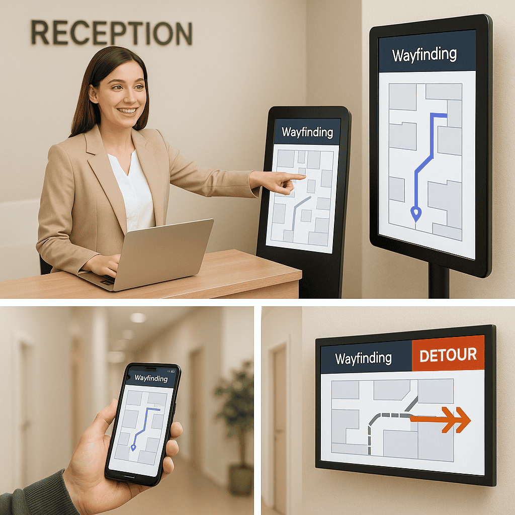 A collage of scenes: a receptionist pointing to a kiosk instead of drawing a map; a patient holding a smartphone showing a clear route; a digital sign automatically switching to display a detour.