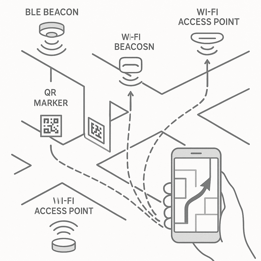 A technical diagram showing BLE beacons on ceilings, Wi‑Fi access points, and QR markers at junctions, with a phone triangulating position to display an indoor route.