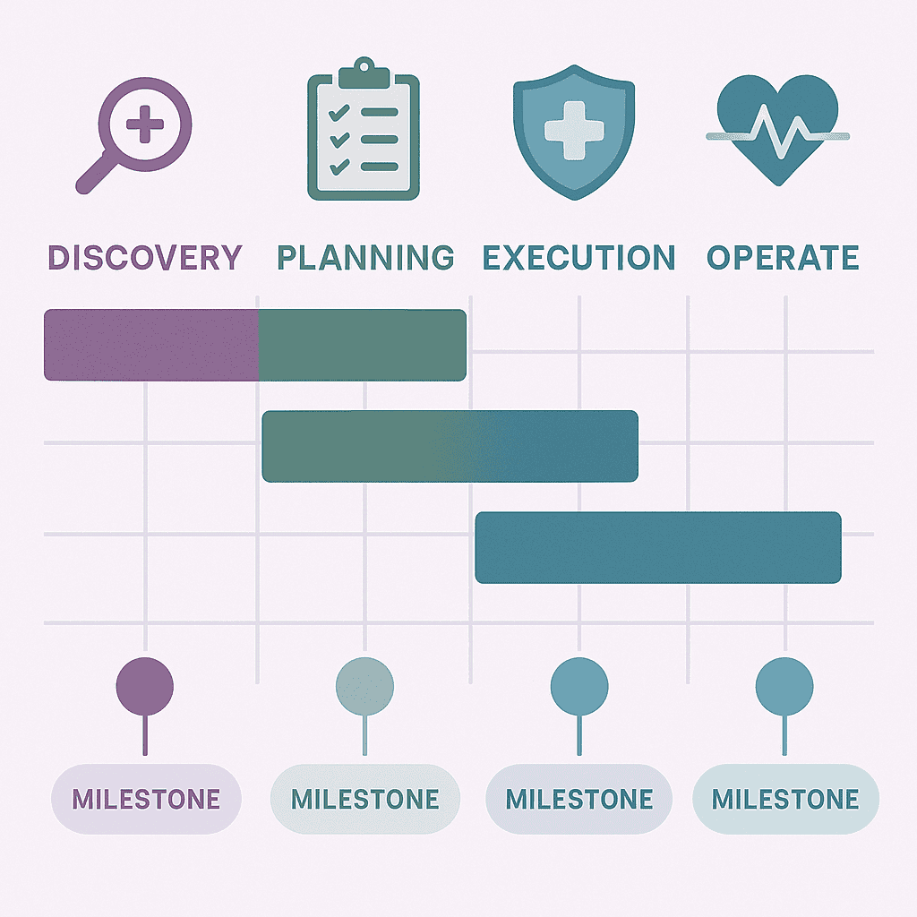 A project Gantt-style visual showing phases from Discovery to Operate with milestones, using healthcare-themed colours and icons.